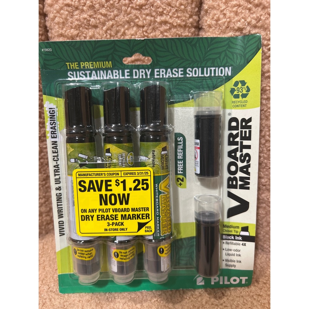 Pilot V Board Master Dry Erase Markers 3 Pack with 2 Refills Black Chisel Tip